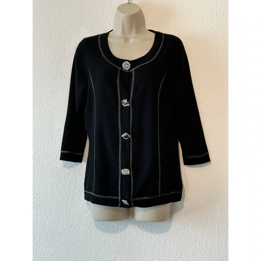Michael Simon Womens Size Medium Black Knit Cardigan Jeweled Buttons Event Party